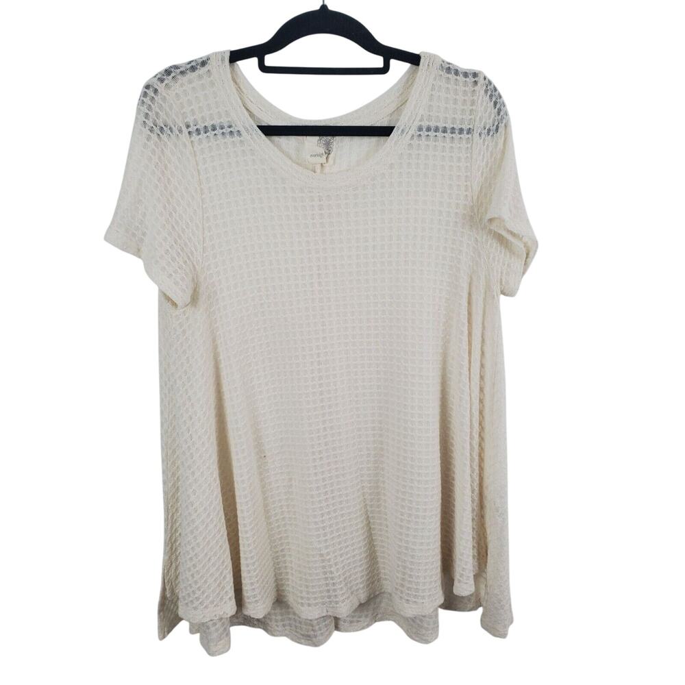 Everleigh Cottage Core Top M Womens Cream Pullover Short Sleeve Crew Neck Sheer